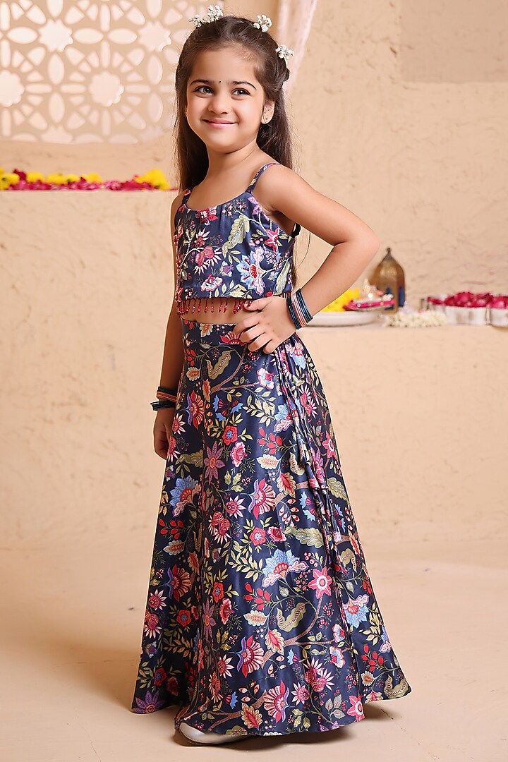 Navy Blue Modal Satin Sequins Embroidered & Printed Lehenga Set For Girls by Tiny Town Studio at Pernia's Pop Up Shop