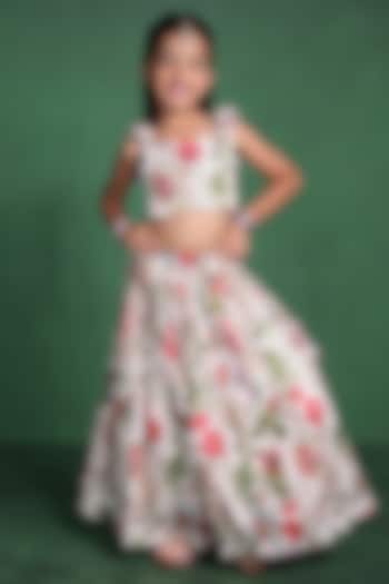 Cream Modal Satin Sequins Embroidered & Printed Lehenga Set For Girls by Tiny Town Studio at Pernia's Pop Up Shop