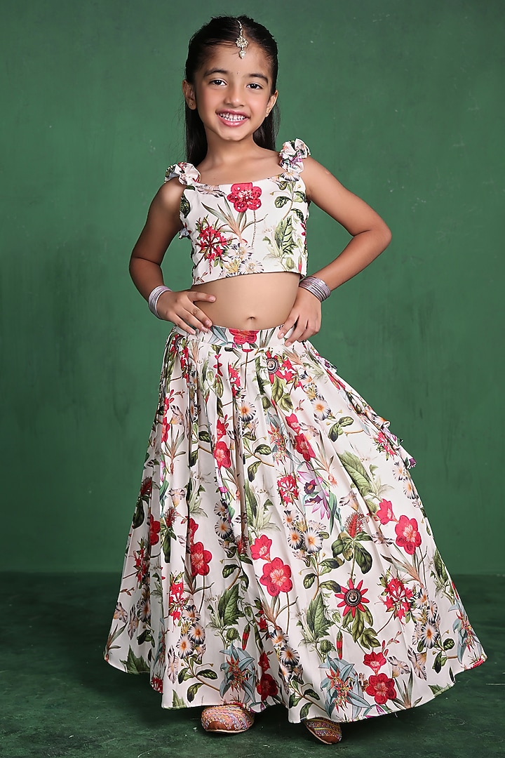 Cream Modal Satin Sequins Embroidered & Printed Lehenga Set For Girls by Tiny Town Studio at Pernia's Pop Up Shop