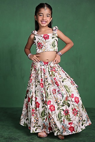 Cream Modal Satin Sequins Embroidered & Printed Lehenga Set For Girls by Tiny Town Studio