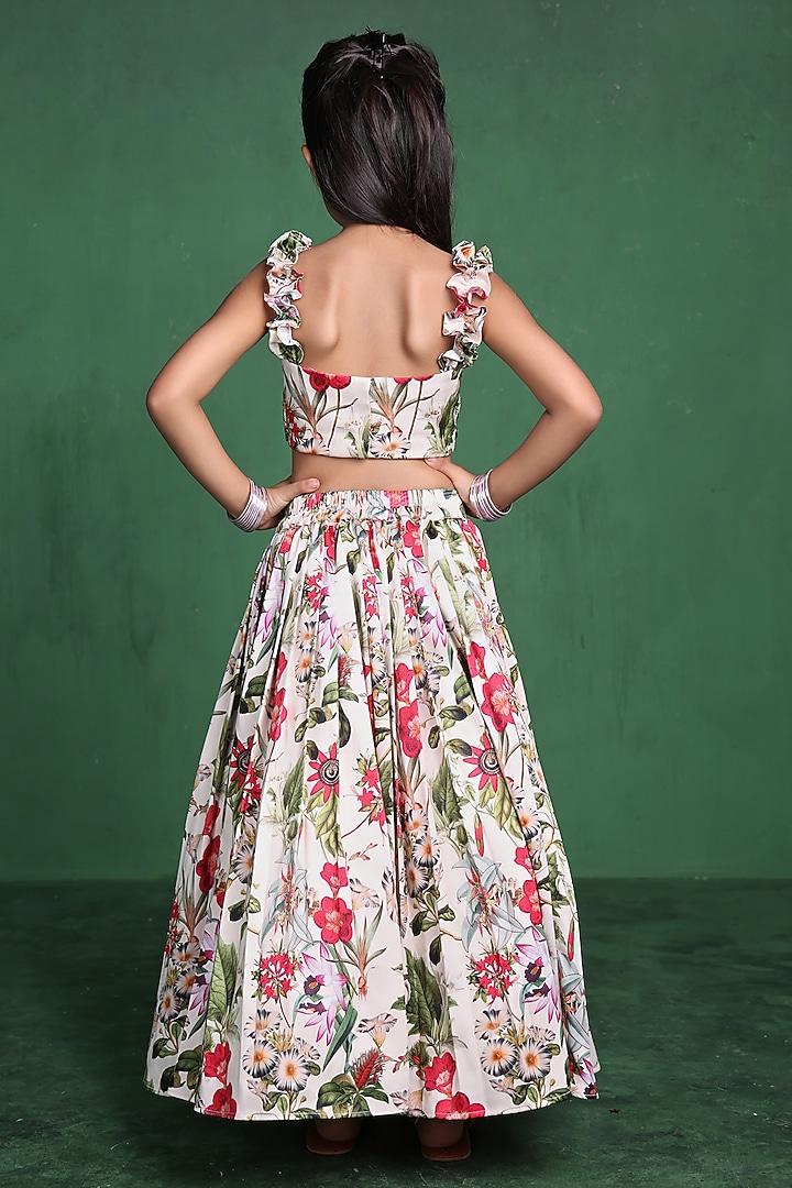 Cream Modal Satin Sequins Embroidered & Printed Lehenga Set For Girls by Tiny Town Studio at Pernia's Pop Up Shop