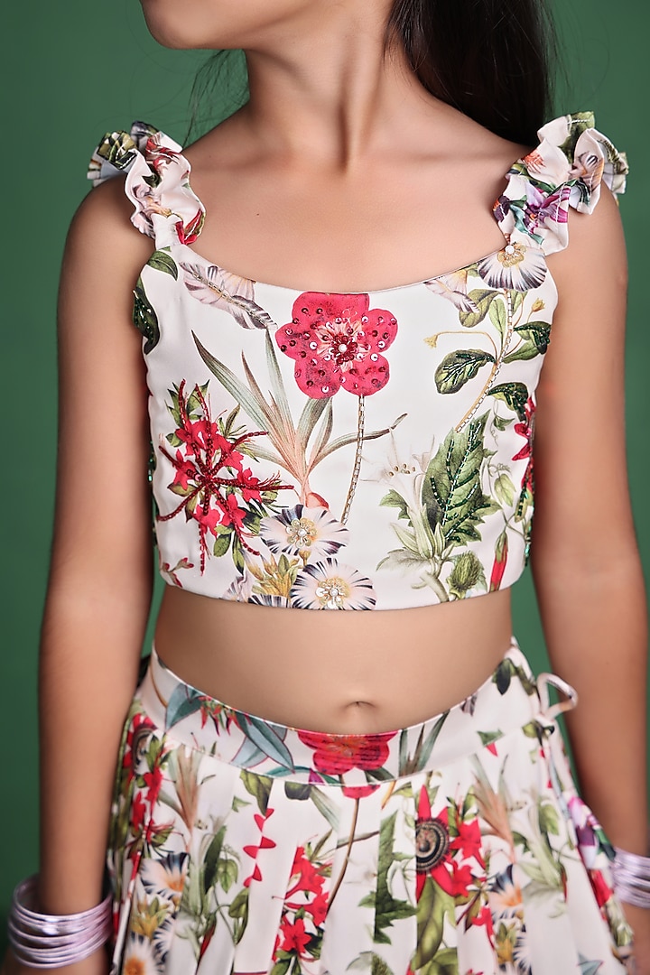 Cream Modal Satin Sequins Embroidered & Printed Lehenga Set For Girls by Tiny Town Studio at Pernia's Pop Up Shop