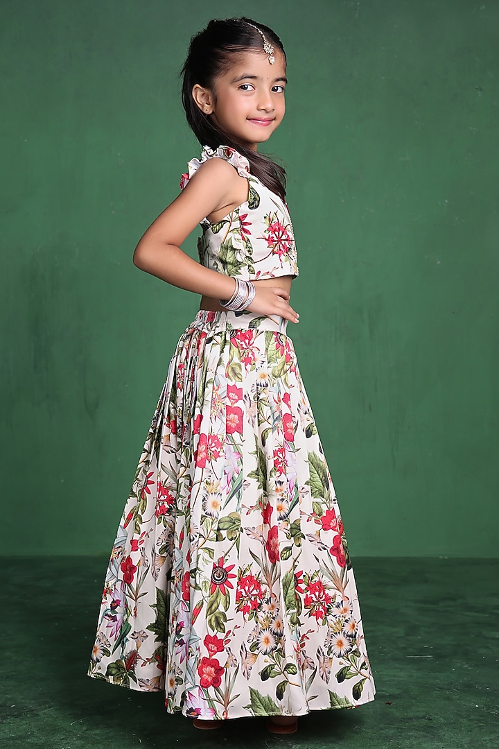 Cream Modal Satin Sequins Embroidered & Printed Lehenga Set For Girls by Tiny Town Studio at Pernia's Pop Up Shop