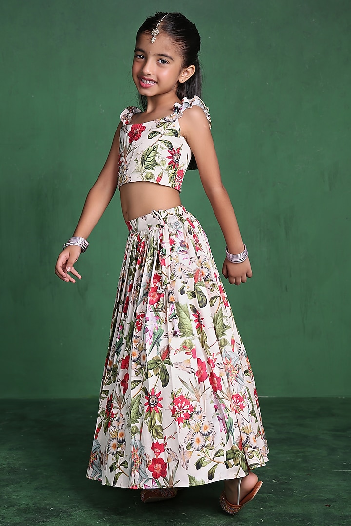 Cream Modal Satin Sequins Embroidered & Printed Lehenga Set For Girls by Tiny Town Studio at Pernia's Pop Up Shop