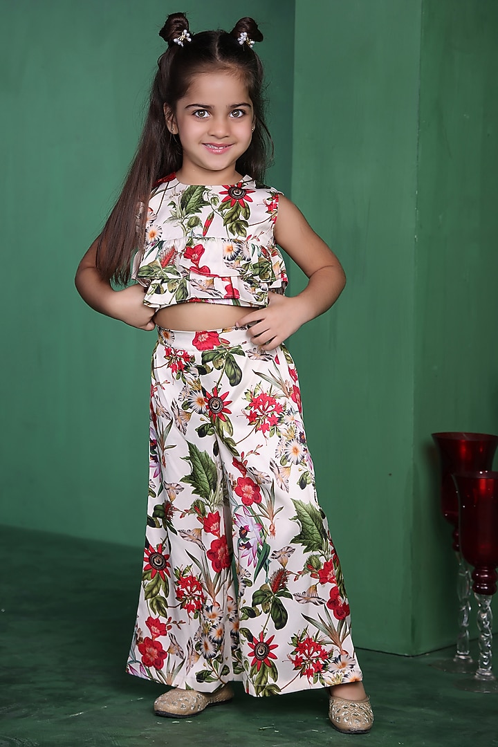 Cream Modal Satin Printed Co-Ord Set For Girls by Tiny Town Studio at Pernia's Pop Up Shop