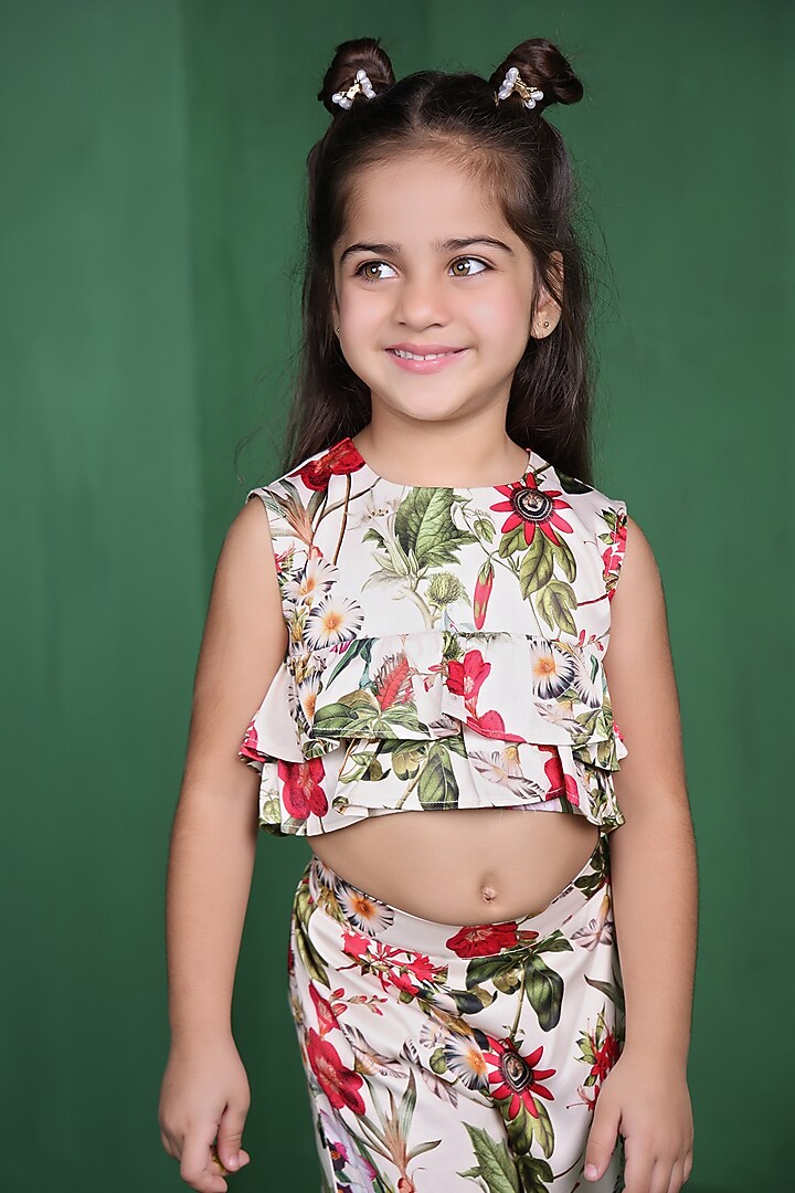 Cream Modal Satin Printed Co-Ord Set For Girls by Tiny Town Studio at Pernia's Pop Up Shop