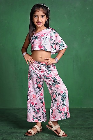 Pink Modal Satin Printed Co-Ord Set For Girls by Tiny Town Studio