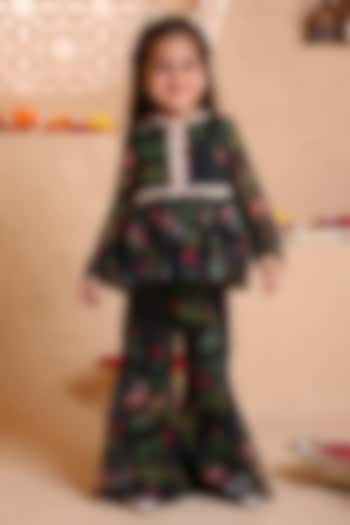 Black Chiffon Printed Gharara Set For Girls by Tiny Town Studio at Pernia's Pop Up Shop