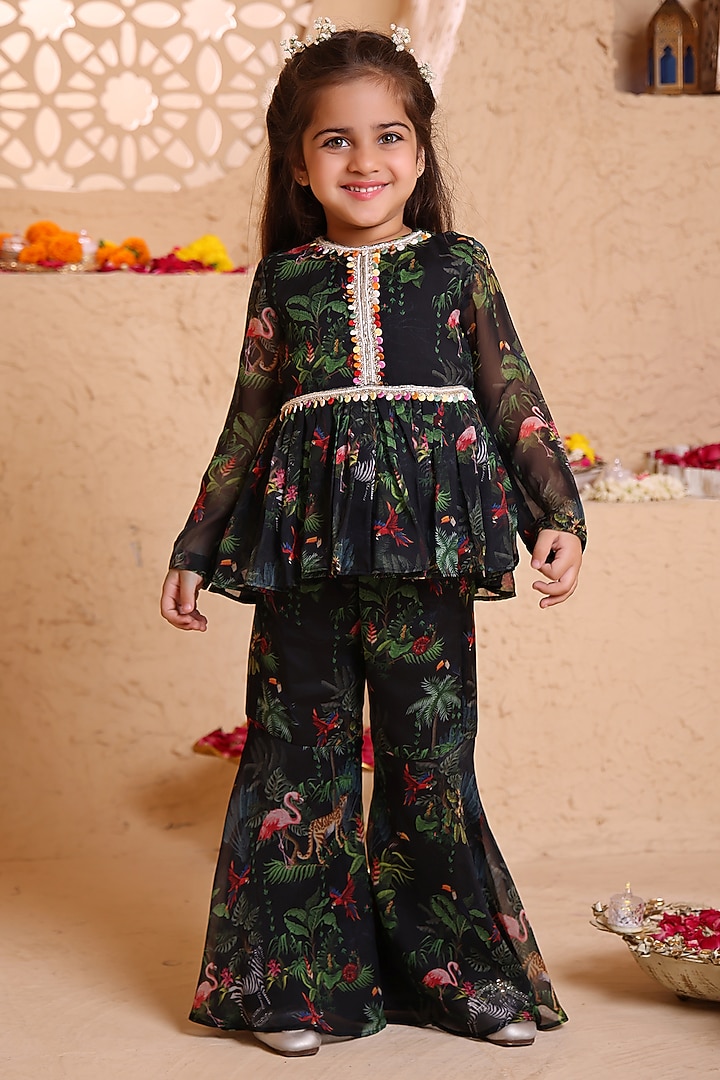 Black Chiffon Printed Gharara Set For Girls by Tiny Town Studio at Pernia's Pop Up Shop