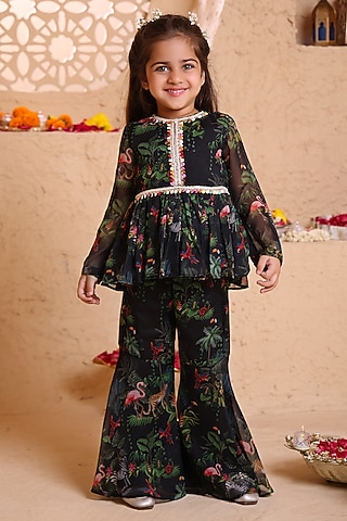 Black Chiffon Printed Gharara Set For Girls by Tiny Town Studio