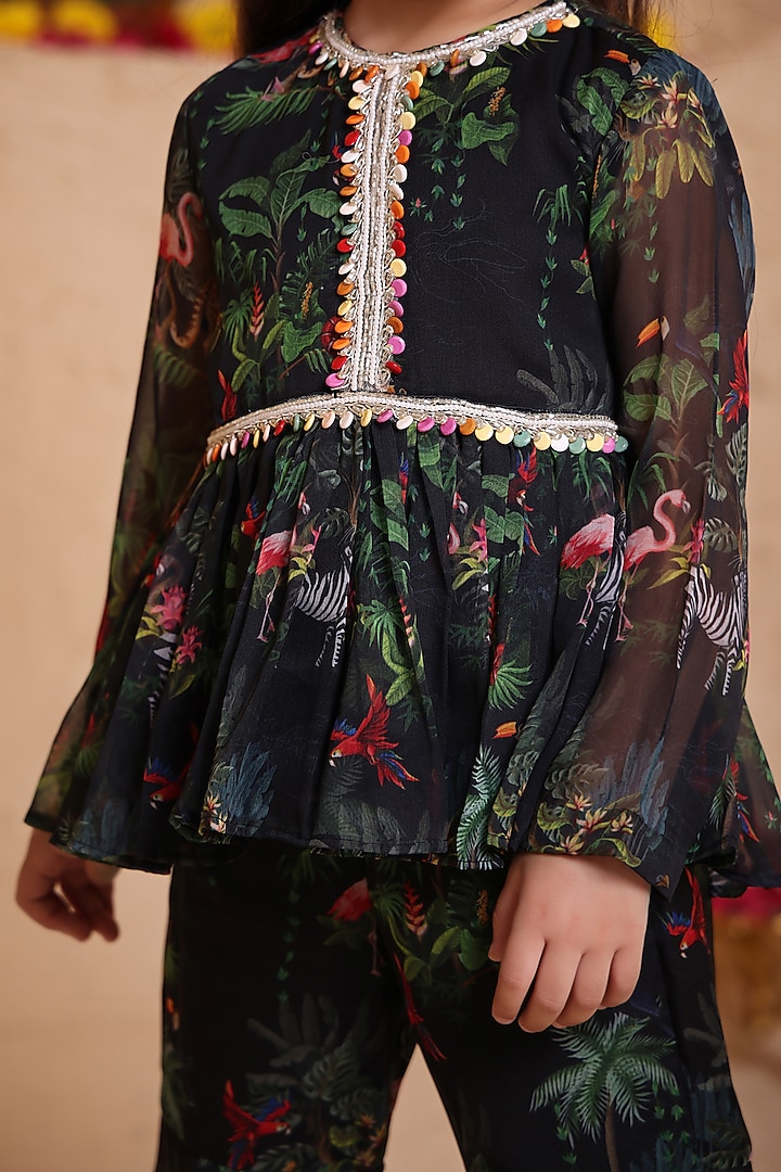 Black Chiffon Printed Gharara Set For Girls by Tiny Town Studio at Pernia's Pop Up Shop