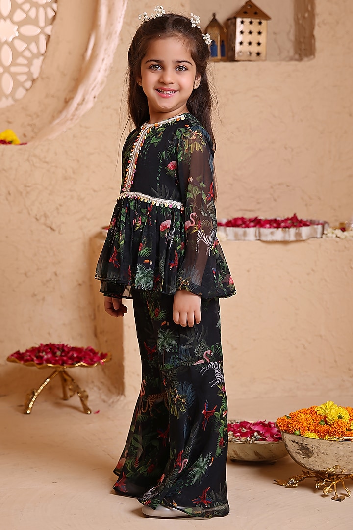 Black Chiffon Printed Gharara Set For Girls by Tiny Town Studio at Pernia's Pop Up Shop