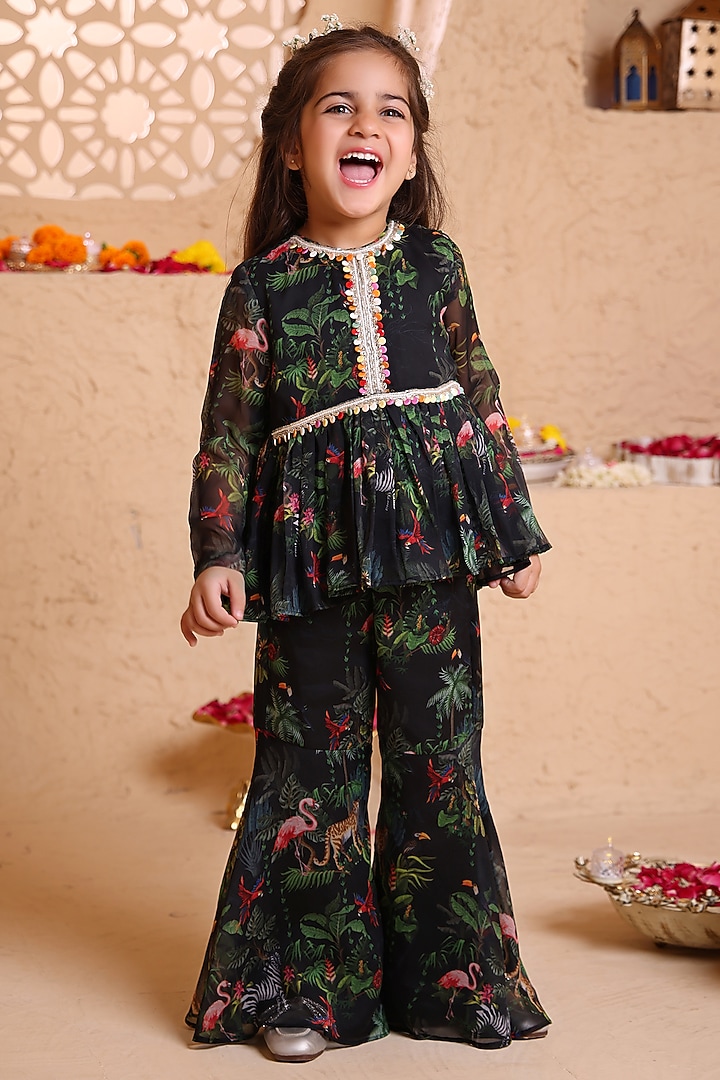 Black Chiffon Printed Gharara Set For Girls by Tiny Town Studio at Pernia's Pop Up Shop