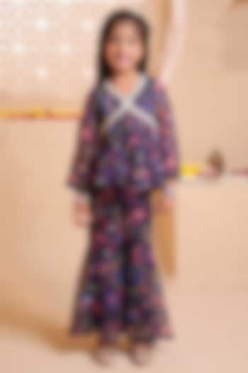 Navy Blue Chiffon Printed Gharara Set For Girls by Tiny Town Studio at Pernia's Pop Up Shop