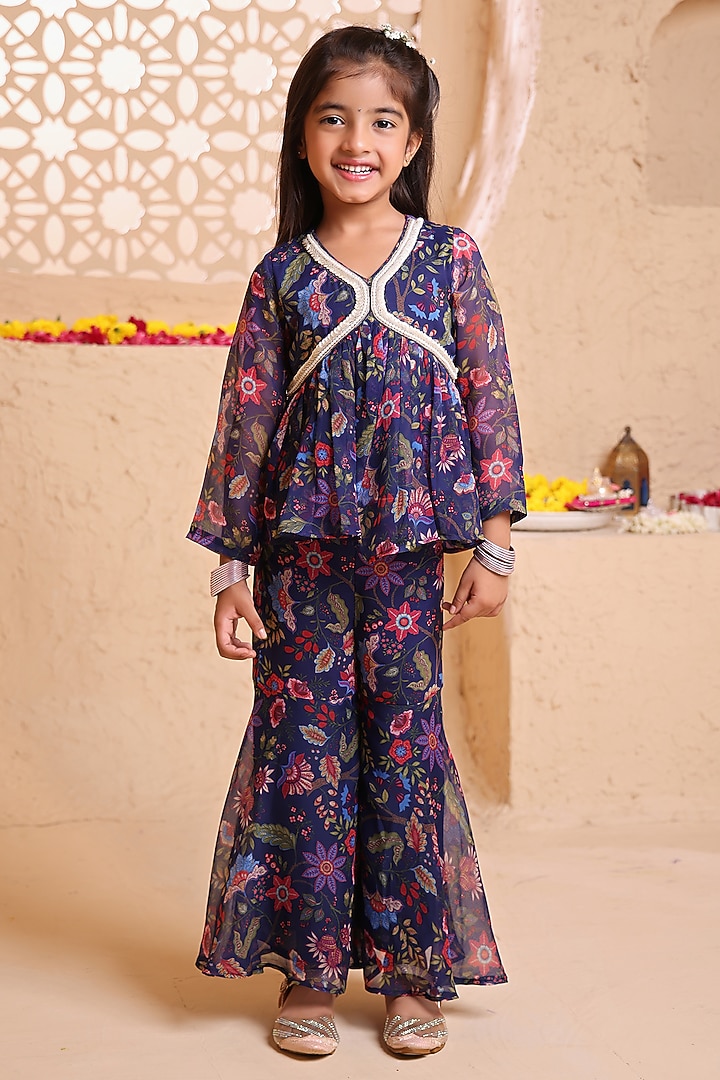 Navy Blue Chiffon Printed Gharara Set For Girls by Tiny Town Studio at Pernia's Pop Up Shop