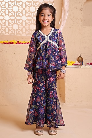 Navy Blue Chiffon Printed Gharara Set For Girls by Tiny Town Studio