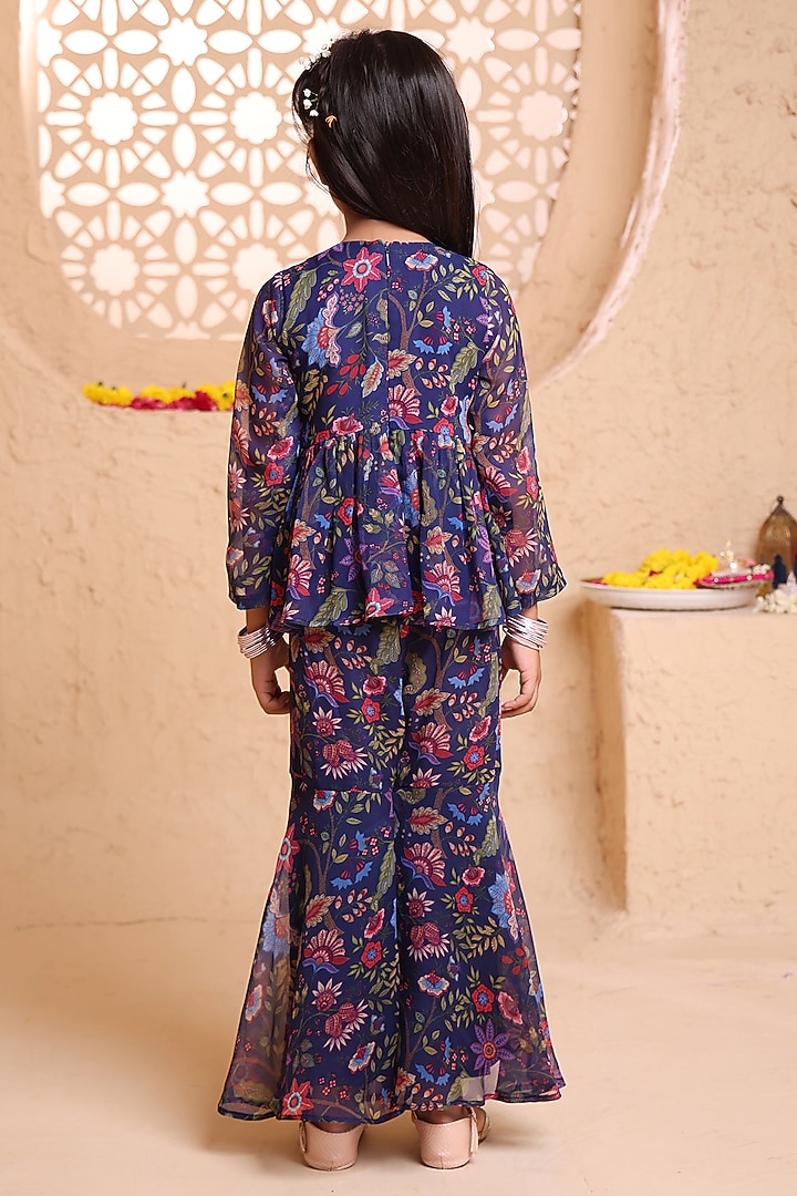 Navy Blue Chiffon Printed Gharara Set For Girls by Tiny Town Studio at Pernia's Pop Up Shop