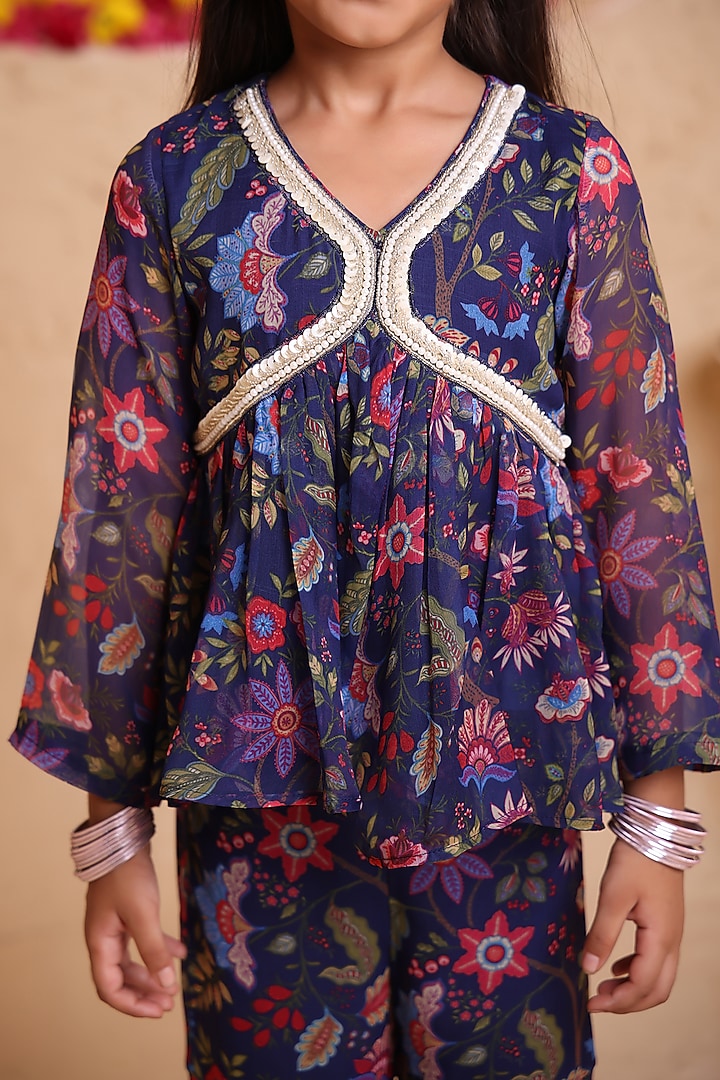 Navy Blue Chiffon Printed Gharara Set For Girls by Tiny Town Studio at Pernia's Pop Up Shop