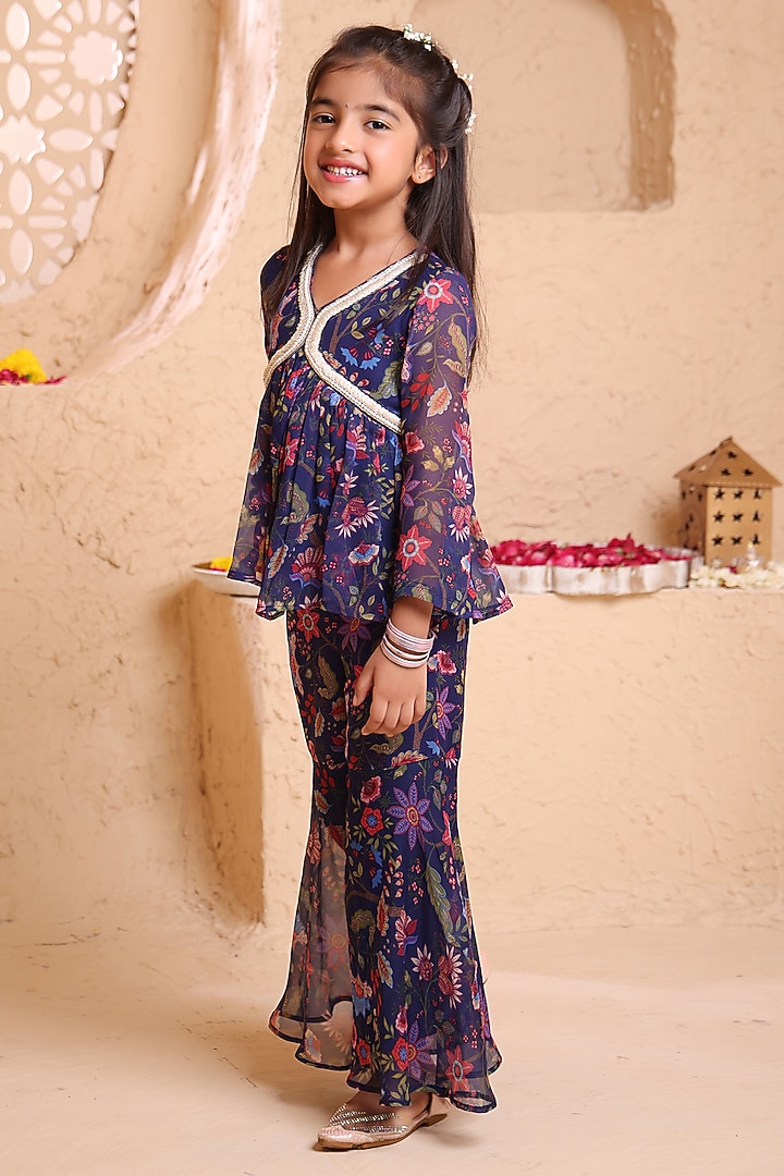 Navy Blue Chiffon Printed Gharara Set For Girls by Tiny Town Studio at Pernia's Pop Up Shop