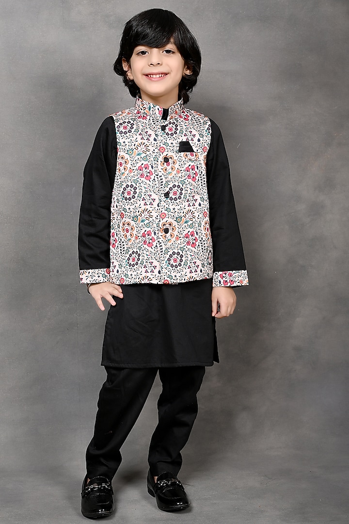Multi-Colored Modal Satin Printed Nehru Jacket Set For Boys by Tiny Town Studio