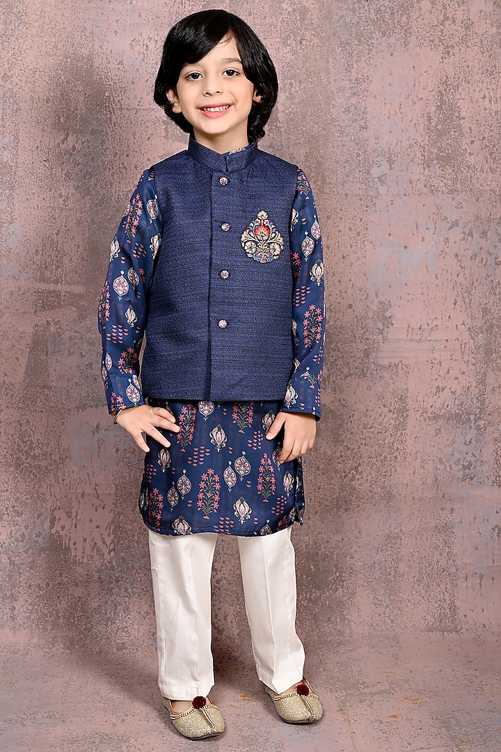 Navy Blue Handloom Silk Motifs Hand Embroidered Nehru Jacket Set For Boys by Tiny Town Studio
