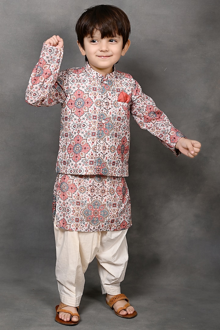 Multi-Colored Muslin Abstract Geometrical Printed Nehru Jacket Set For Boys by Tiny Town Studio
