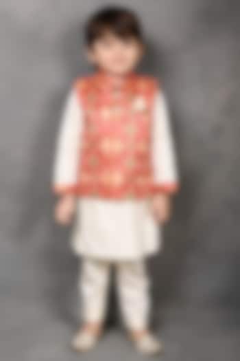 Red Tussar Silk Patola Printed Nehru Jacket Set For Boys by Tiny Town Studio