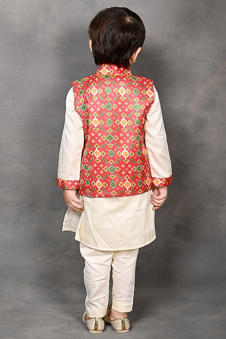 Red Tussar Silk Patola Printed Nehru Jacket Set For Boys by Tiny Town Studio at Pernia's Pop Up Shop
