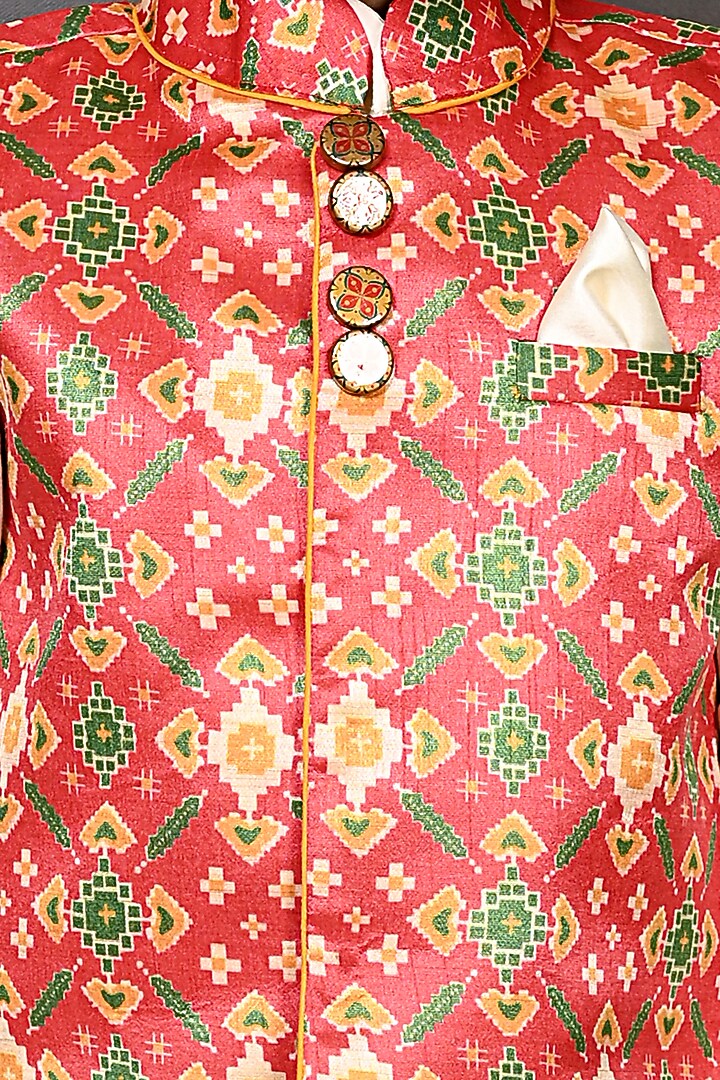 Red Tussar Silk Patola Printed Nehru Jacket Set For Boys by Tiny Town Studio at Pernia's Pop Up Shop