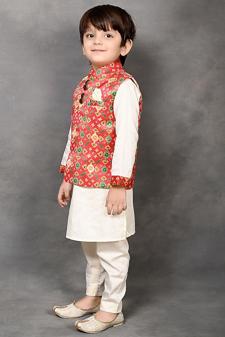 Red Tussar Silk Patola Printed Nehru Jacket Set For Boys by Tiny Town Studio at Pernia's Pop Up Shop