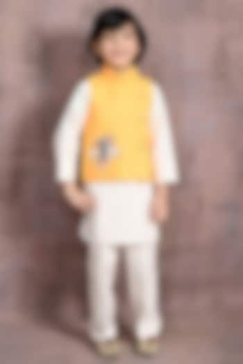 Yellow Handloom Silk Motifs Hand Embroidered Angrakha Nehru Jacket Set For Boys by Tiny Town Studio