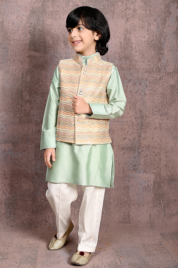 Multi-Colored Georgette Thread & Sequins Embroidered Nehru Jacket Set For Boys by Tiny Town Studio