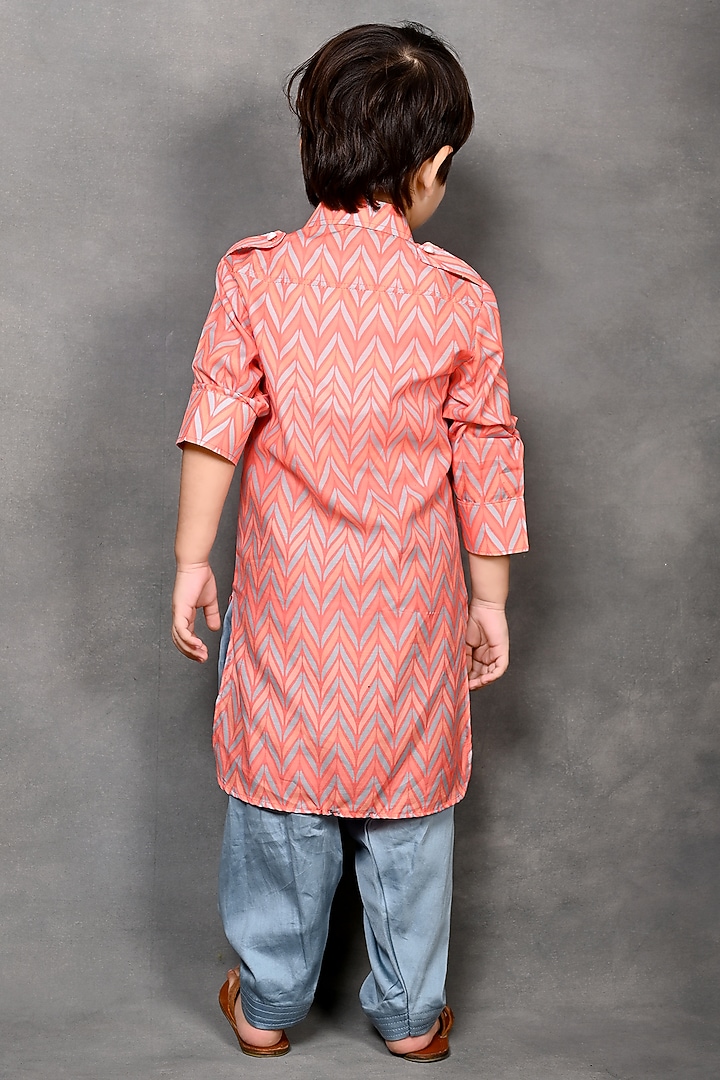 Orange Tussar Silk Chevron Printed Pathani Kurta Set For Boys by Tiny Town Studio at Pernia's Pop Up Shop
