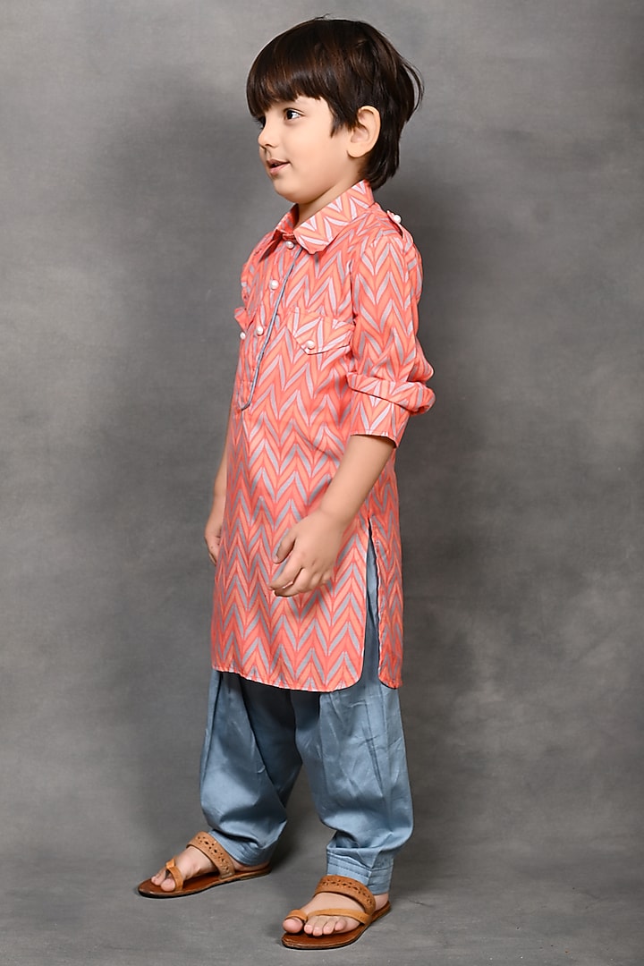 Orange Tussar Silk Chevron Printed Pathani Kurta Set For Boys by Tiny Town Studio at Pernia's Pop Up Shop