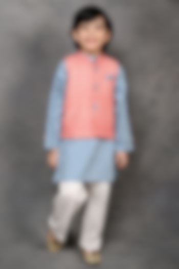 Orange Muslin Chevron Printed Nehru Jacket Set For Boys by Tiny Town Studio