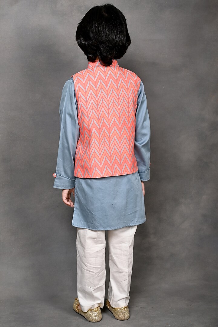 Orange Muslin Chevron Printed Nehru Jacket Set For Boys by Tiny Town Studio at Pernia's Pop Up Shop