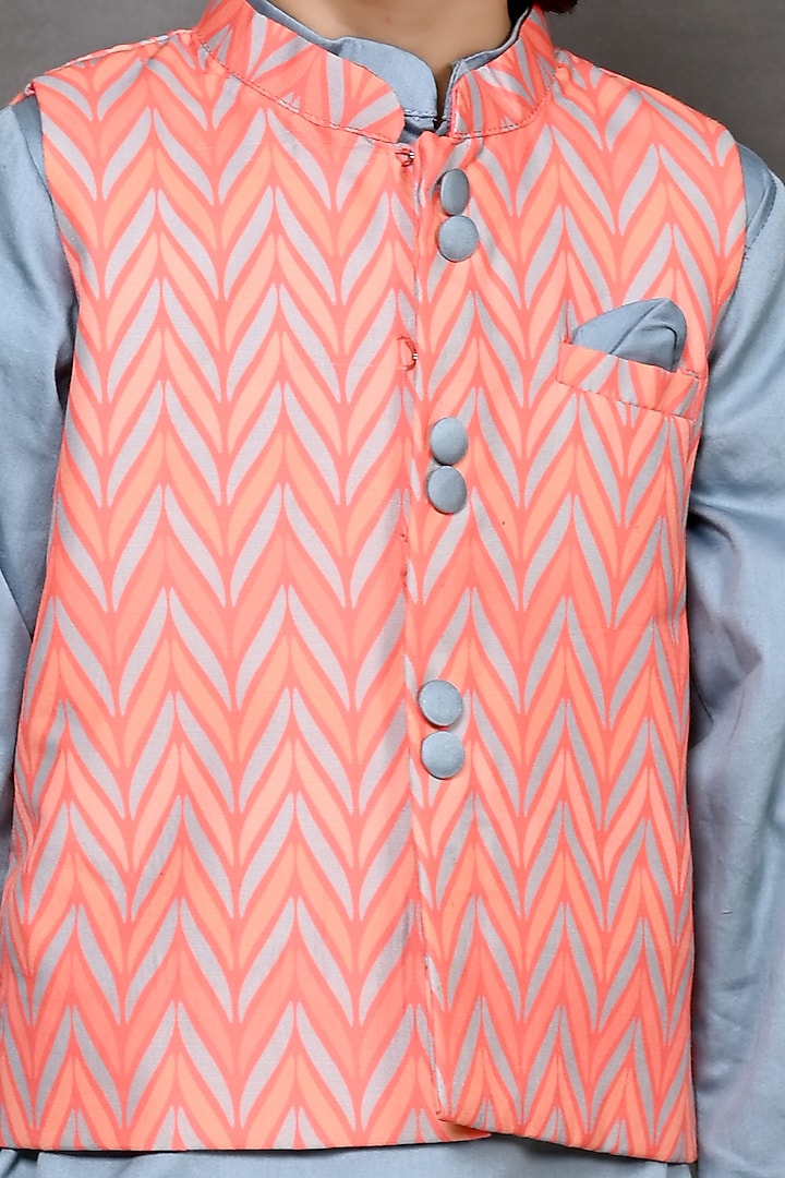 Orange Muslin Chevron Printed Nehru Jacket Set For Boys by Tiny Town Studio at Pernia's Pop Up Shop