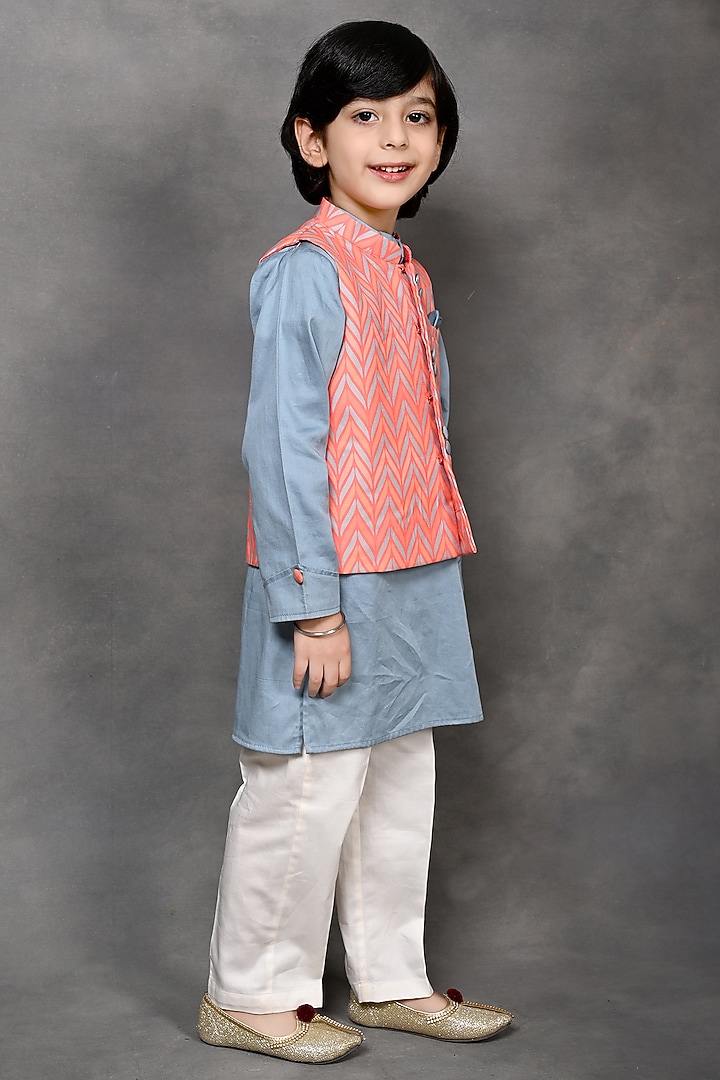 Orange Muslin Chevron Printed Nehru Jacket Set For Boys by Tiny Town Studio at Pernia's Pop Up Shop