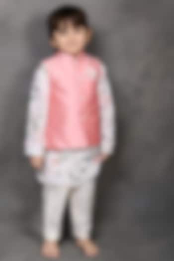 Pink Handloom Silk Nehru Jacket Set For Boys by Tiny Town Studio