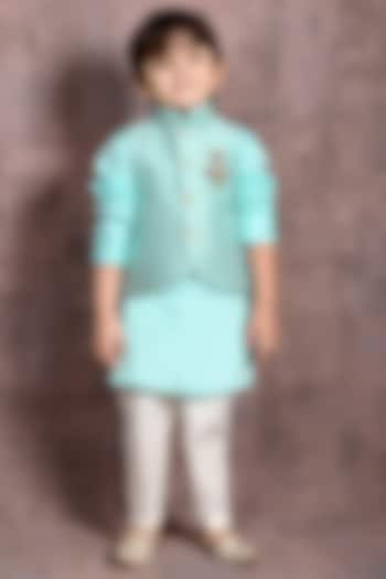 Sea Green Handloom SIlk Sequins & Motifs Embroidered Nehru Jacket Set For Boys by Tiny Town Studio