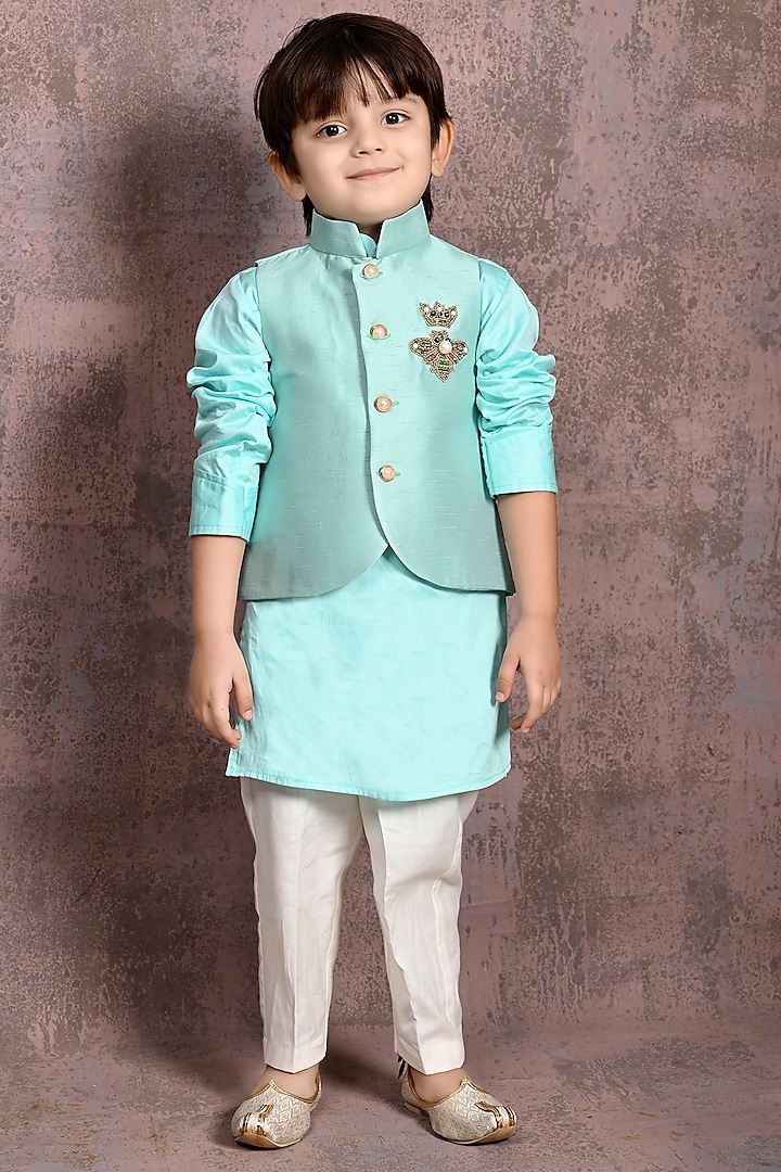 Sea Green Handloom SIlk Sequins & Motifs Embroidered Nehru Jacket Set For Boys by Tiny Town Studio