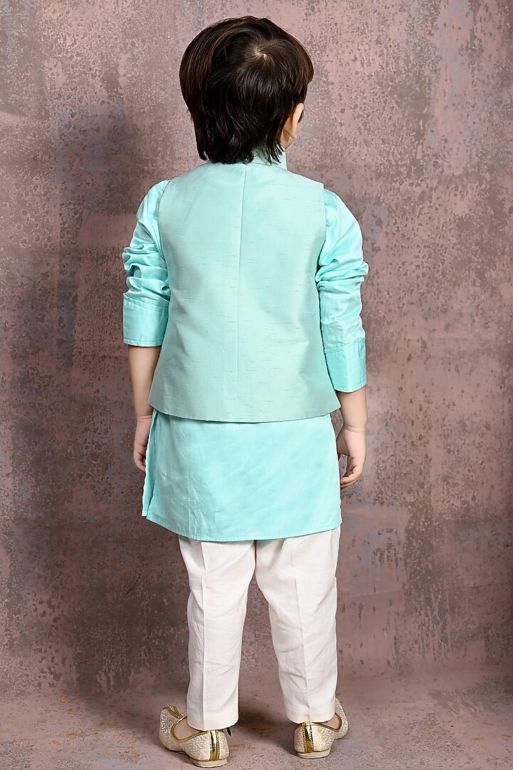 Sage Green Handloom Silk Sequin Embroidered Nehru Jacket Set For Boys by Tiny Town Studio at Pernia's Pop Up Shop
