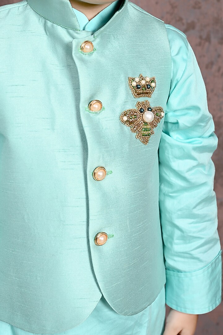 Sage Green Handloom Silk Sequin Embroidered Nehru Jacket Set For Boys by Tiny Town Studio at Pernia's Pop Up Shop
