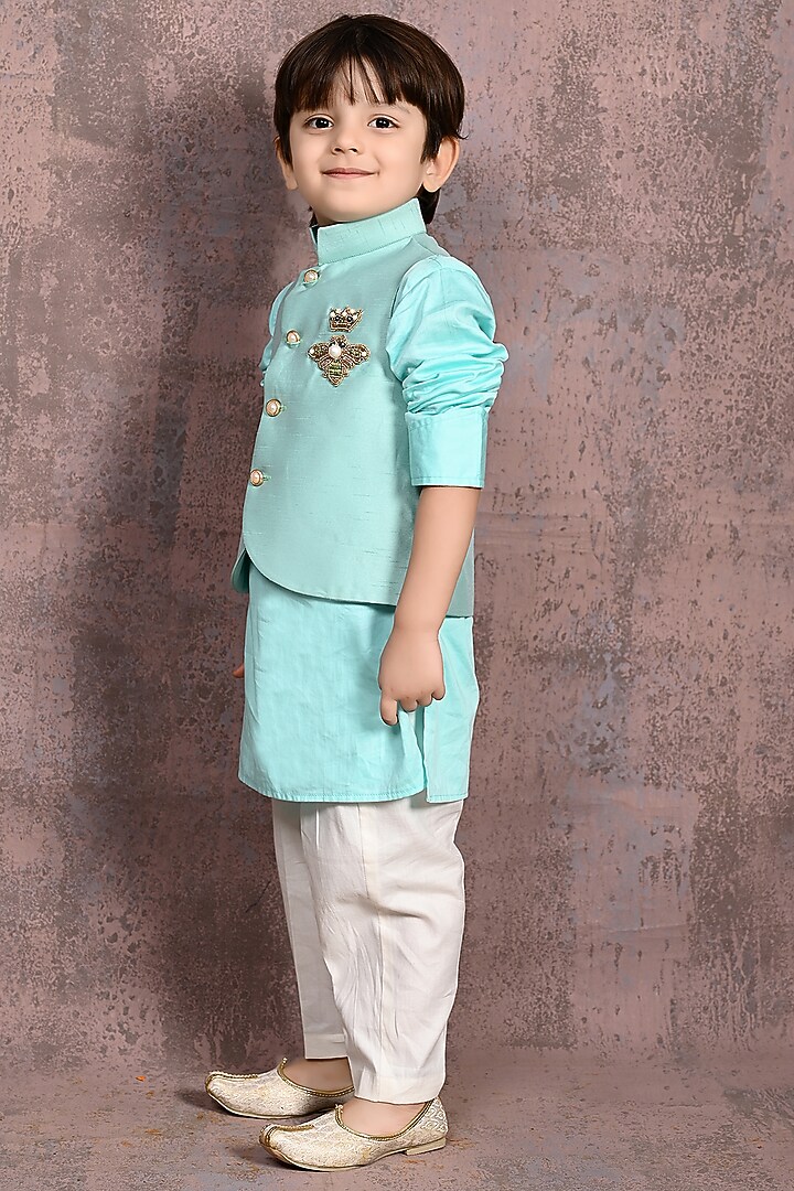 Sage Green Handloom Silk Sequin Embroidered Nehru Jacket Set For Boys by Tiny Town Studio at Pernia's Pop Up Shop