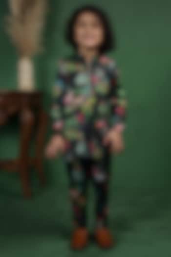 Black Modal Satin Printed Kurta Set For Boys by Tiny Town Studio at Pernia's Pop Up Shop