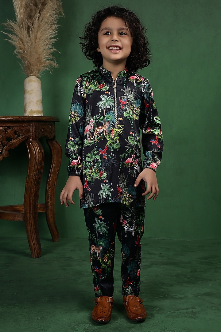 Black Modal Satin Printed Kurta Set For Boys by Tiny Town Studio at Pernia's Pop Up Shop