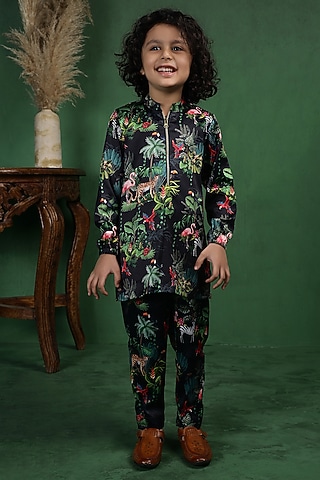 Black Modal Satin Printed Kurta Set For Boys by Tiny Town Studio