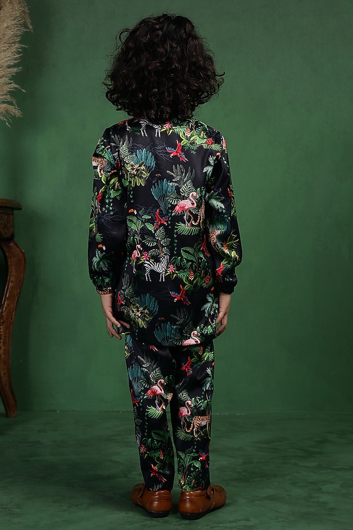 Black Modal Satin Printed Kurta Set For Boys by Tiny Town Studio at Pernia's Pop Up Shop
