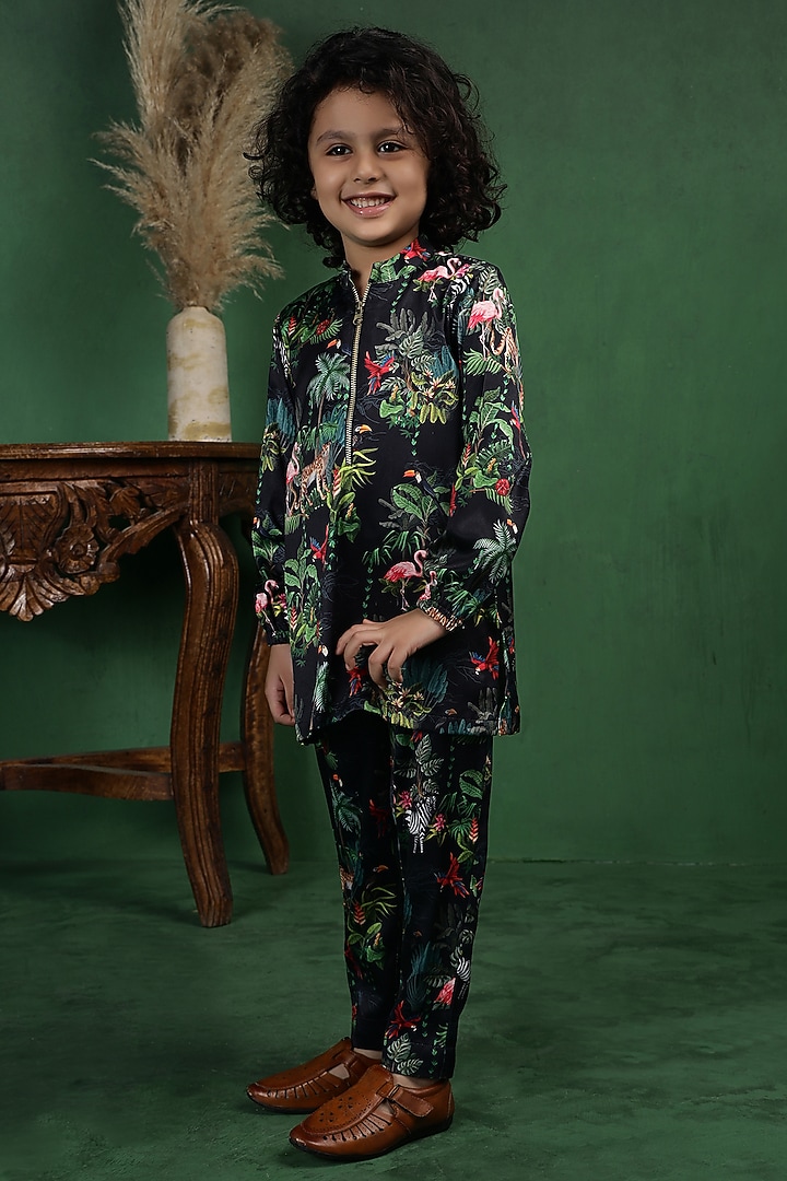 Black Modal Satin Printed Kurta Set For Boys by Tiny Town Studio at Pernia's Pop Up Shop