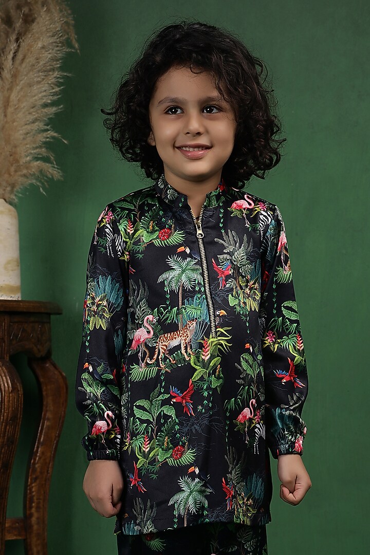 Black Modal Satin Printed Kurta Set For Boys by Tiny Town Studio at Pernia's Pop Up Shop